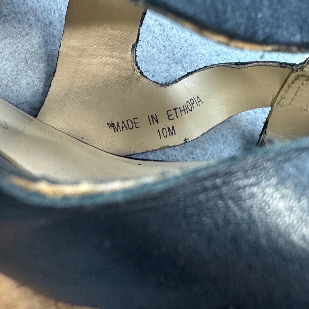 Boho Black Gold Guess Wedge Sandals Womens 10 Leather Cork Platform Strappy - Picture 7 of 9
